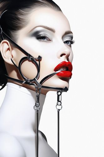 Digital created very beautiful woman with bizarre fetish mask in high fashion style