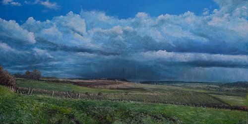 Dynamisch landschap geïnspireerd op maartse buien – een krachtig schilderij vol licht, contrast en beweging.