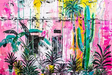 Kleurrijke abstracte muurschildering met planten van De Muurdecoratie