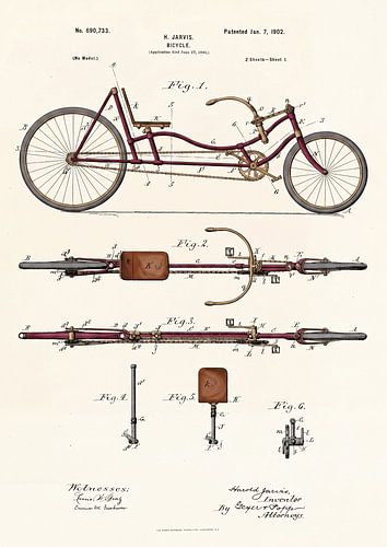 Vintage-Liegerad, Patent 1902 – Technische Zeichnung auf altem Papier