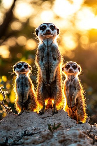 Familie meerkatten bij zonsondergang