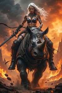 Dark Fantasy Wandbild: THARVEXA - Die Blonde Kriegerin reitet auf einem riesigen Nashorn