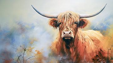 Portrait Scottish Highlander cow modern painting by Vlindertuin Art