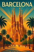 Barcelona Art Deco Poster - Impression de voyage vintage de la Sagrada Familia