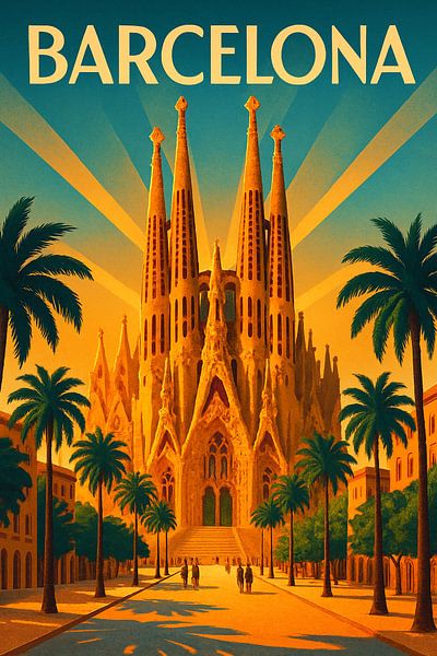 Barcelona Art Deco Poster - Impression de voyage vintage de la Sagrada Familia par Travel Shop