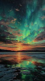 Een etherische noorderlichtshow boven een bevroren Arctisch meer