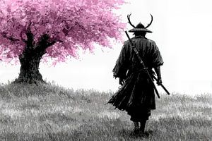 Japanische Kunst Samurai Soldat Krieger geht auf blühenden Kirschbaum