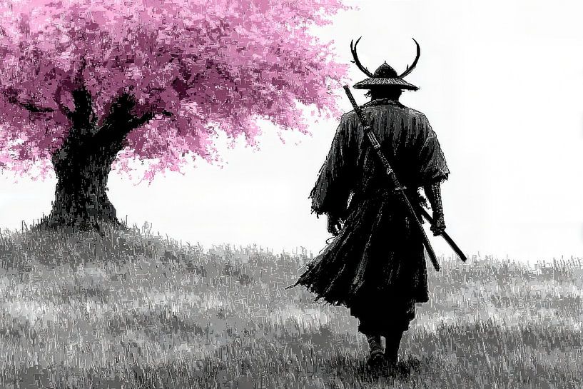 Japanese art Samurai soldier warrior walks towards flowering cherry tree by Egon Zitter