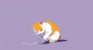 Moderne Illustration einer orangefarbenen Katze, die mit einem Wollknäuel spielt.