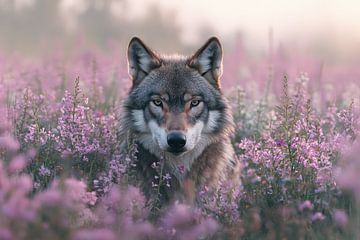 Een wolf kijkt in de camera tussen de paarse heide van Digitale Schilderijen