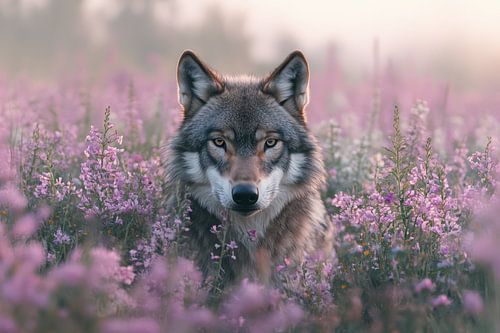 A wolf looks into the camera among the purple heather
