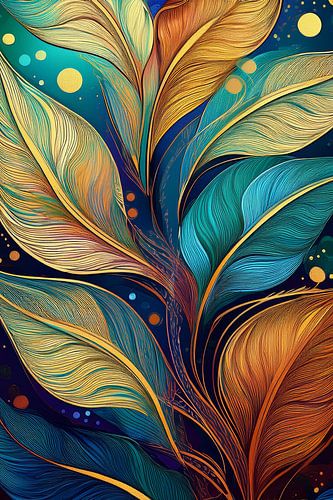 Behang met structuur en bladeren in groen en goud