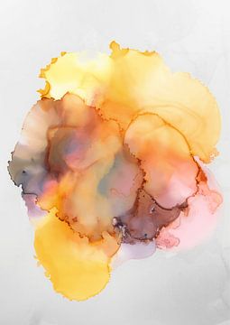 Kleurrijk, modern abstract aquarel in oranje, roze, blauw en geel. van Studio Allee