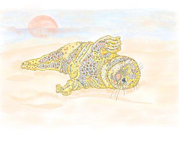 Art numérique dans le style pointillisme SEA DOG ROLLING ON THE BEACH dans les couleurs jaune, gris, beige et rose sur Studio Spanjersberg