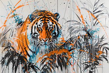 Dynamisch schilderij van tijger in kleur van De Muurdecoratie