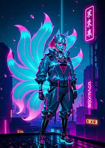 Anime Girl Neon Kitsune Cyberpunk Style Japan