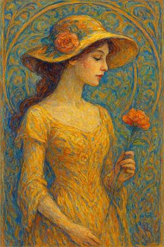 Anmutige Frau mit Hut und Blumen bild. von Johannes