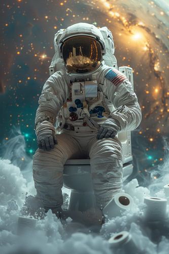 Astronaut op toilet in ruimtepak, humoristische posterafbeelding