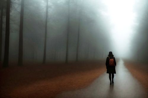 Mistig pad: Vrouw in zwart met bruine rugzak
