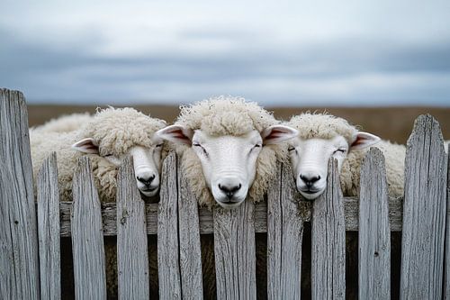 Drie nieuwsgierige schapen bij hek