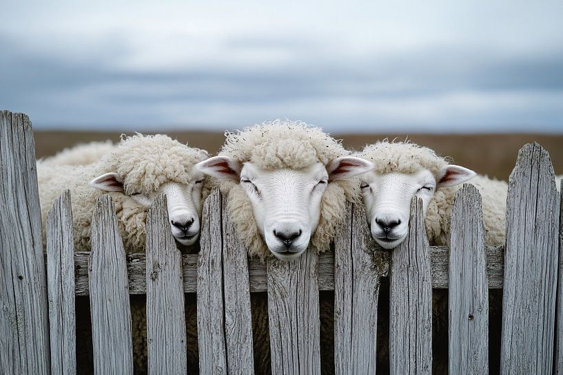 Three curious sheep at fence by Imperial Art House