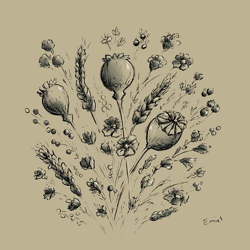 Boeket wilde bloemen - tekening in drie kleuren
