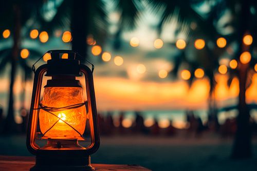 Romantische lantaarn op een strandavond