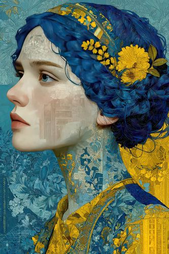 portret in geel en blauw