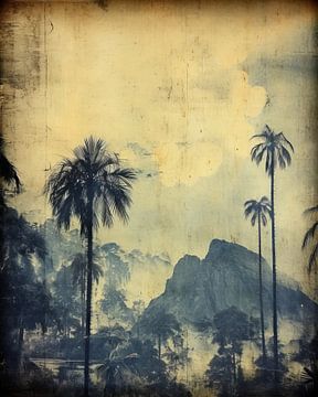 Vintage print in blue of tropical landscape by Studio Allee