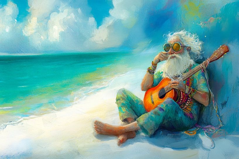 Schilderij van een oude hippie die op een strand zit, met een gitaar in de hand van Peter Pen tekeningen en schilderijen