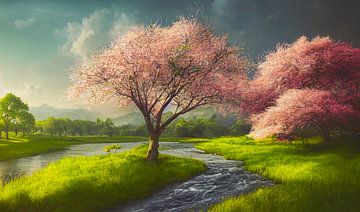 Landschaft mit Fluss und blühenden Kirschbäumen Gemälde Illustration 01 von Animaflora PicsStock