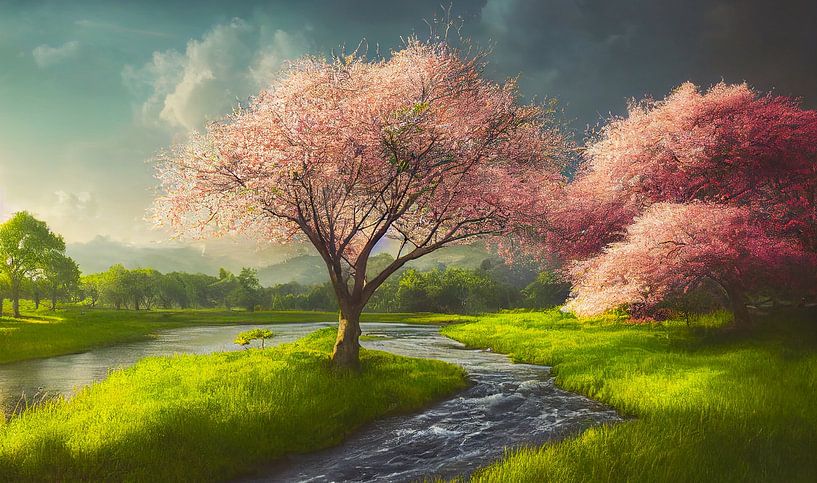 Paysage avec rivière et cerisiers en fleurs Peinture Illustration 01 par Animaflora PicsStock