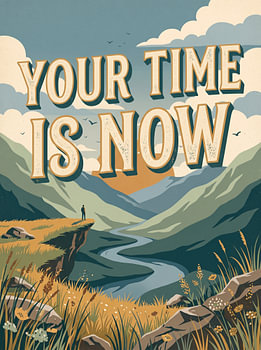 « C'est ton moment » : graphisme vintage inspirant représentant un voyageur face à un panorama de montagne