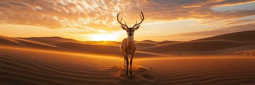 Een hert in de gouden zandzee onder een dramatische zonsondergang