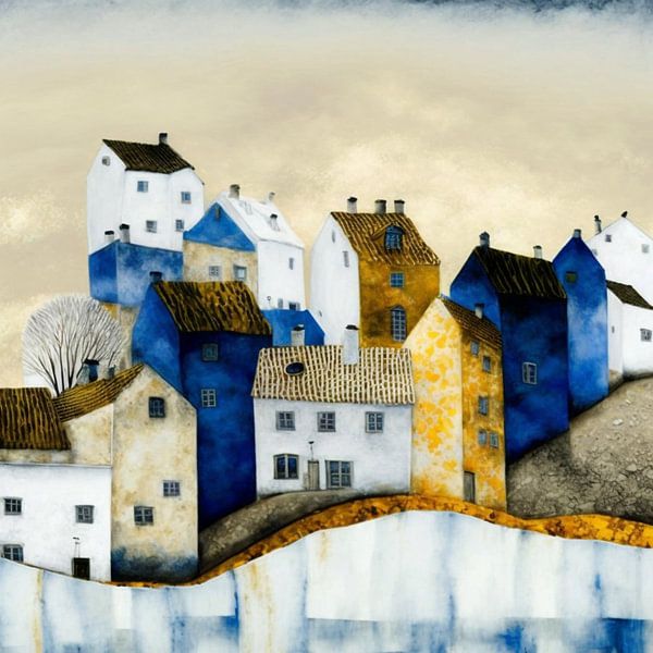 Stadtlandschaft Häuser Hügel stilisiert blau weiß grau gold von gm_designs