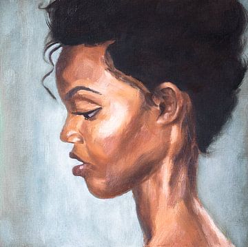 Schilderij van een meisje in olieverf met blauw-grijze achtergrond | kunstprint