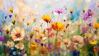 Aquarel van  wilde zomerbloemen in het gras