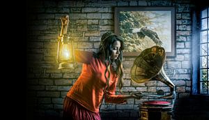 Une femme avec une lampe à huile pose une plaque de gramophone sur Atelier Liesjes