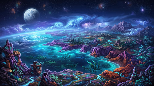 Surreale, biolumineszente Fantasielandschaft