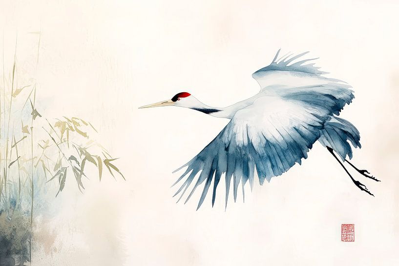 Grue en vol - Art asiatique de l'aquarelle par Poster Art Shop