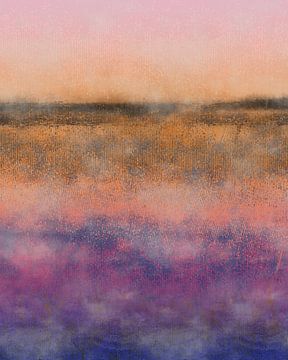 Paysage minimaliste abstrait et coloré en rose, violet, bleu, or et marron sur Dina Dankers