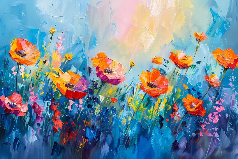 Abstract kleurrijk bloemenveld schilderij op canvas van Art & Soul Creations