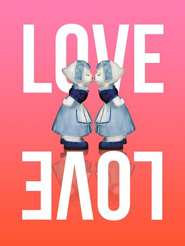 LOVE - Delfts blauw kussend paar. Ladies op roze achtergrond