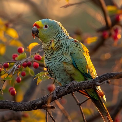 Perroquet vert perché sur une branche avec des baies
