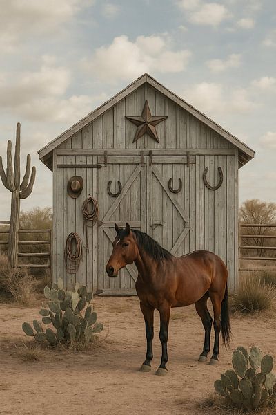 Western ranch atmosphere - horse at wooden barn by Kleurenrijk