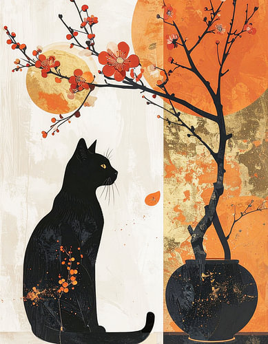 Zwarte kat met bloemenmotief in Japandi-stijl