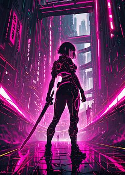 Vrouwelijke Cyberpunk Krijger met Neon Stadsgezicht Cyberpunk van MIROKKU
