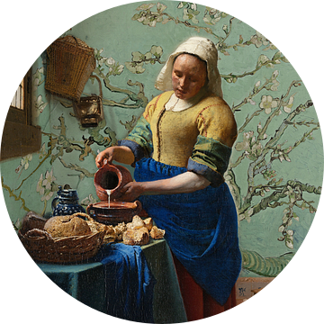 Het melkmeisje met Amandelbloesem behang (mosgroen) - Vincent van Gogh - Johannes Vermeer van Lia Morcus