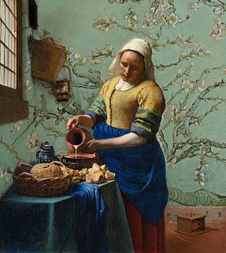 Das Milchmädchen mit Mandelblütentapete (moosgrün) - Vincent van Gogh - Johannes Vermeer von Lia Morcus