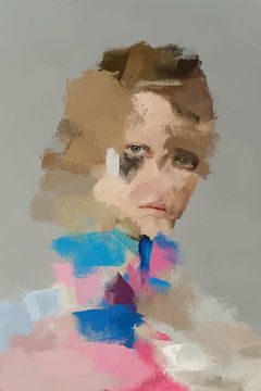 Abstract portret in aardetintenten met roze en blauw van Carla Van Iersel